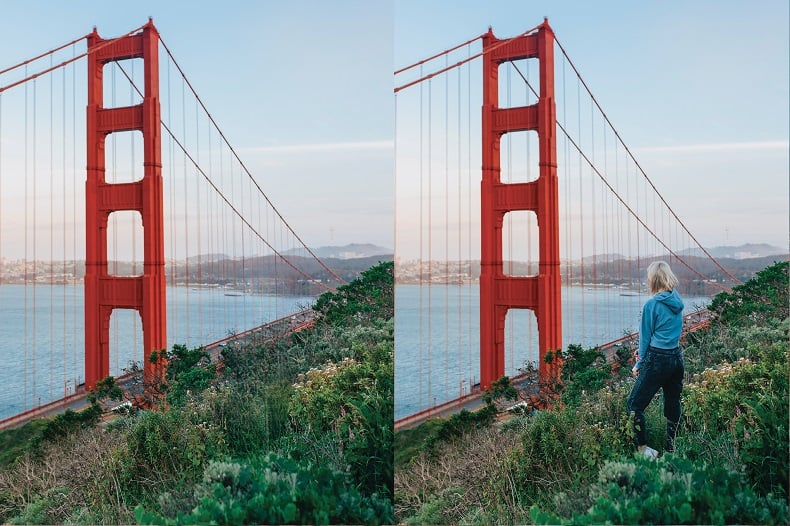 Vor und nach dem Löschen einer Person vor der Golden Gate Bridge