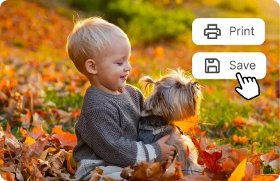 Export options for printing or saving the cropped photo of a boy holding his puppy