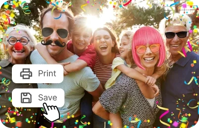 Export options for printing or saving a family photo after adding playful edits, such as a big mustache for the dad, sunglasses for the grandpa, and a clown nose for the grandma.