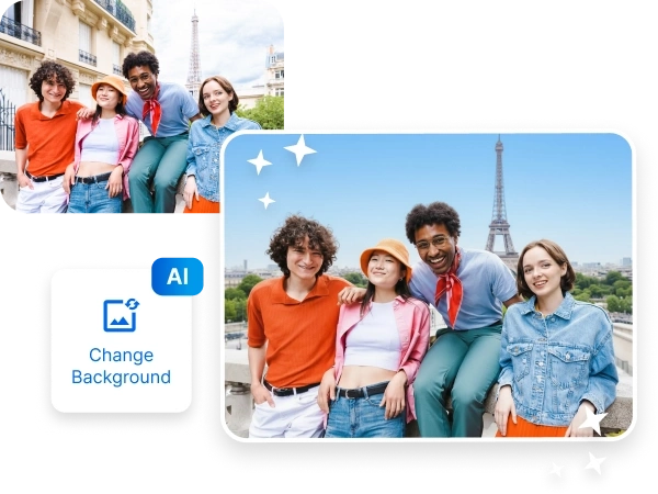 Before and after photos demonstrating the Change Background feature