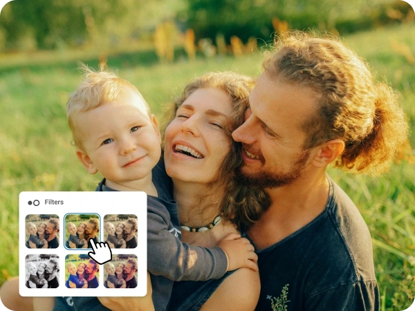 Selection of filters to choose from to adjust the colors of a family photo