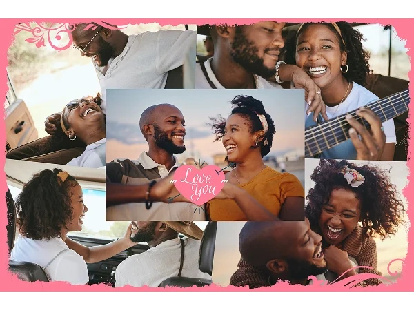 Photo collage of a couple’s favorite road-trip memories, with a pink heart in the center that reads ‘love you’