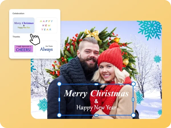 A couple’s Christmas card being customized by adding readable text wishing a merry Christmas and a happy new year.