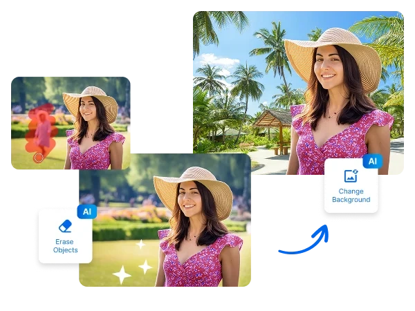 Portrait of a woman being retouched by changing the background and removing people from the image
