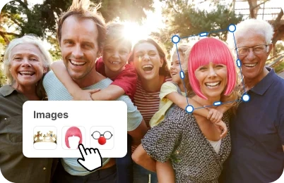Family of six smiling outdoors in the sunshine, with a playful edit adding pink hair to the mother in the collage