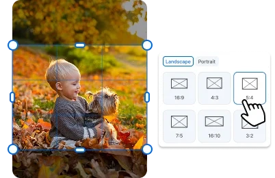 Portrait-sized image of a boy and his puppy being cropped to a 5:4 landscape size