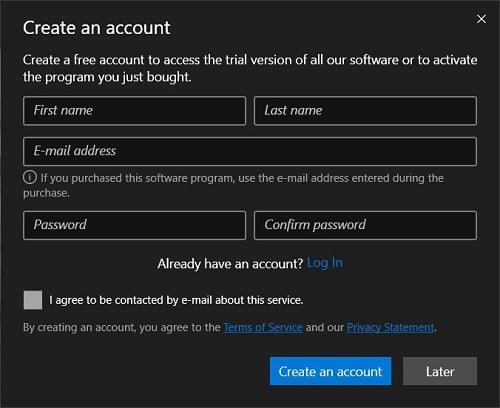 Create an account window inside the software