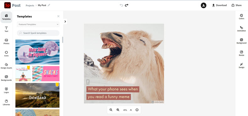 Screenshot of Adobe Spark meme generator interface