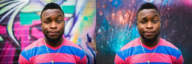 Man in striped T-Shirt before and after AI background change