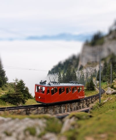 Swiss Alps train with miniature faking blur effect