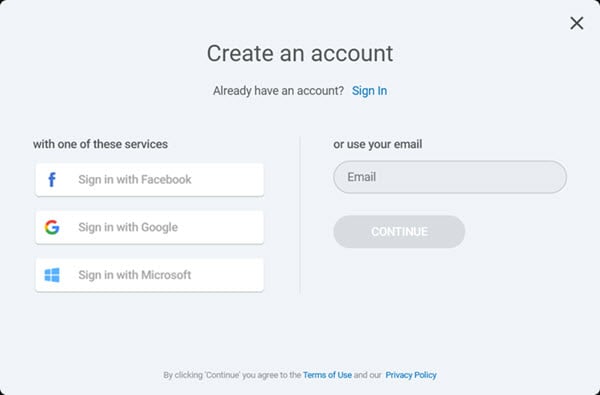 Create an account window