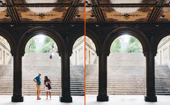 Two people standing in front of a staircase, and then removed