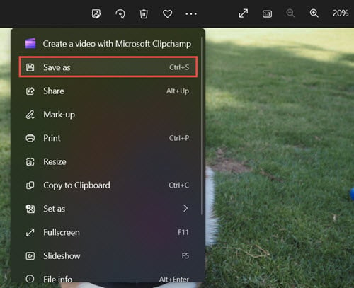 Selecting "Save as" in Windows Photos