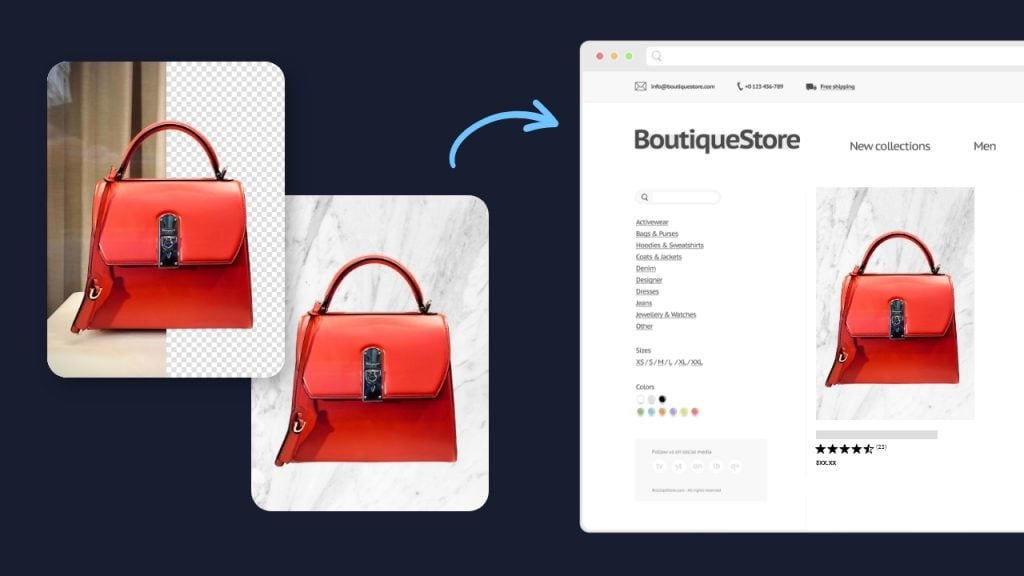 Red handbag before and after background removal and shown in an e-commerce store
