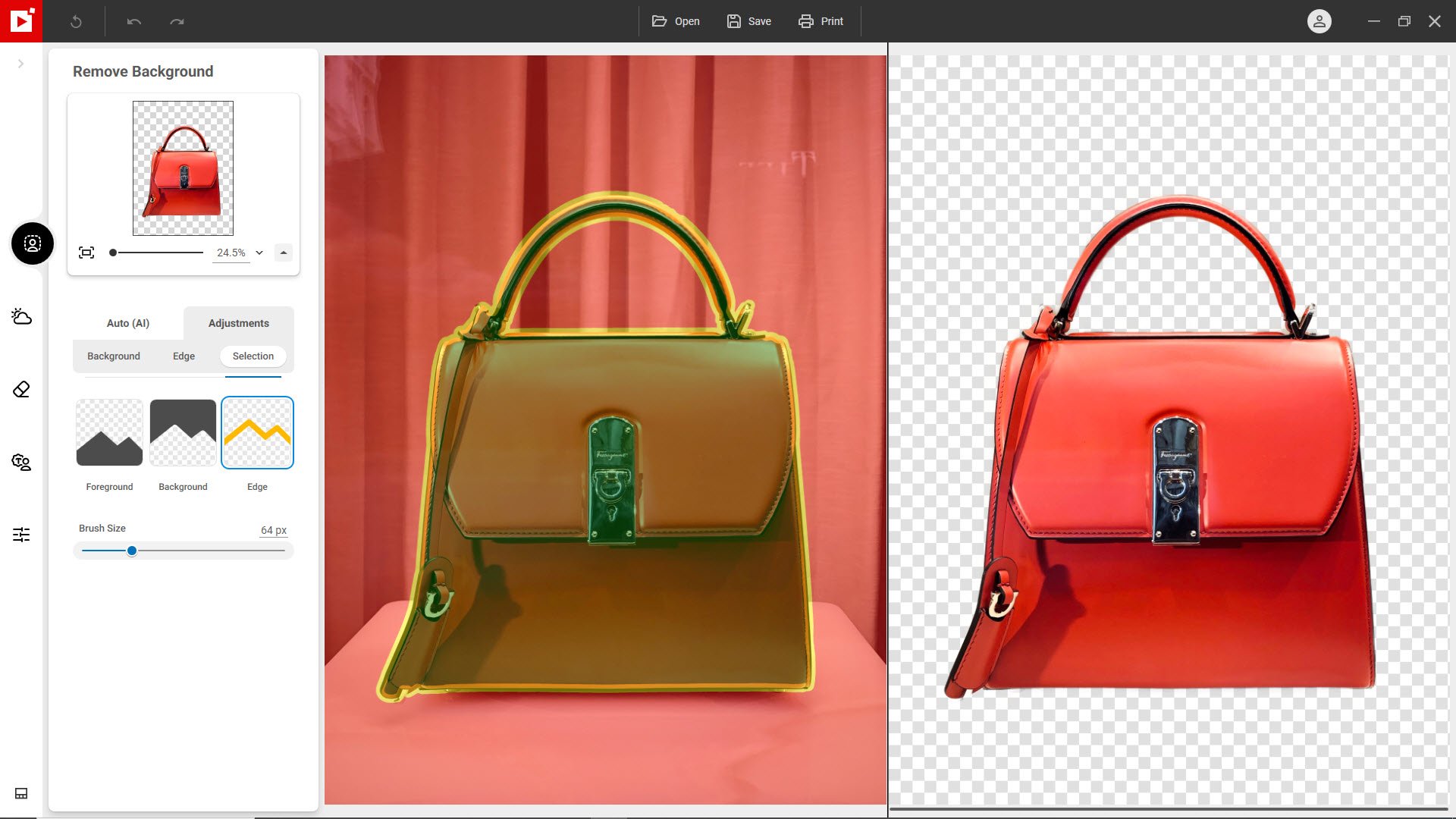 Red handbag with background selection visible