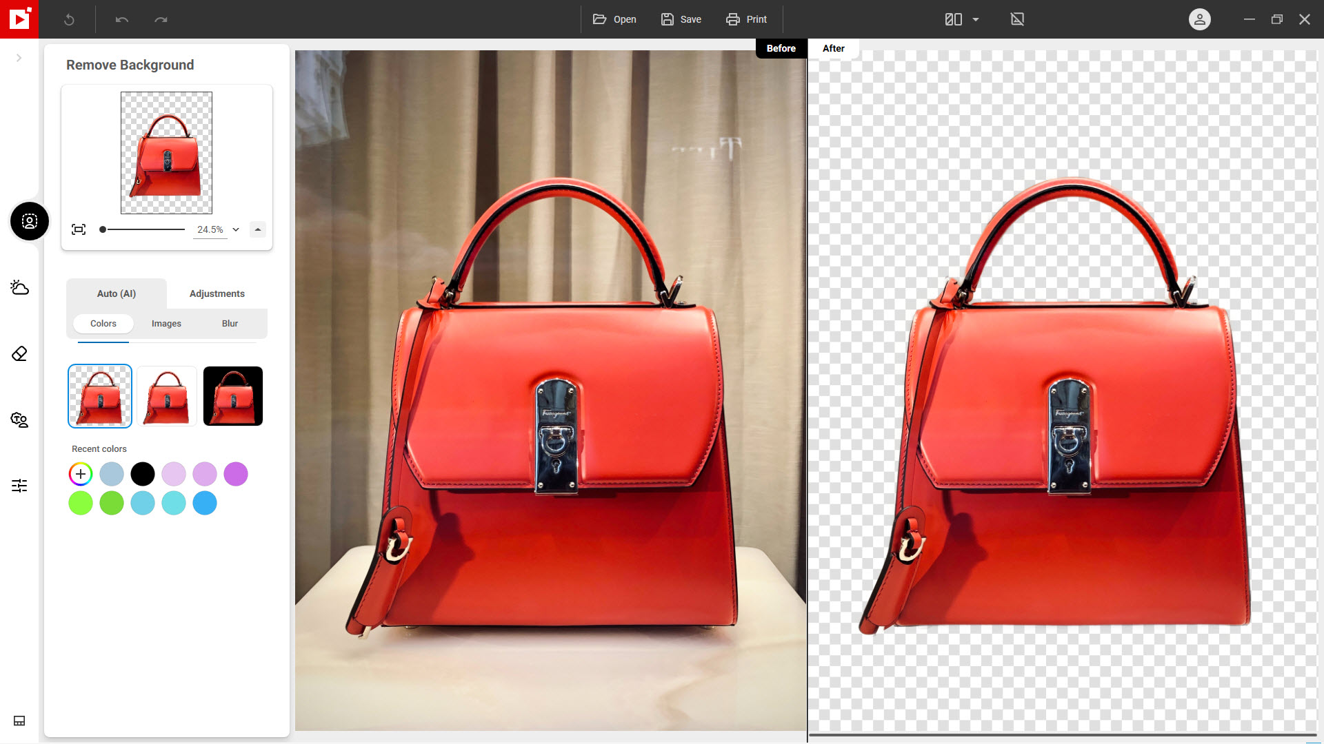 Red handbag before and after background removal